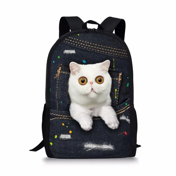 Black Denim Pocket Cat Student School Bag Kitten Printed Backpack Teenager Daily Casual Backpack Women Men Travel Rucksacks