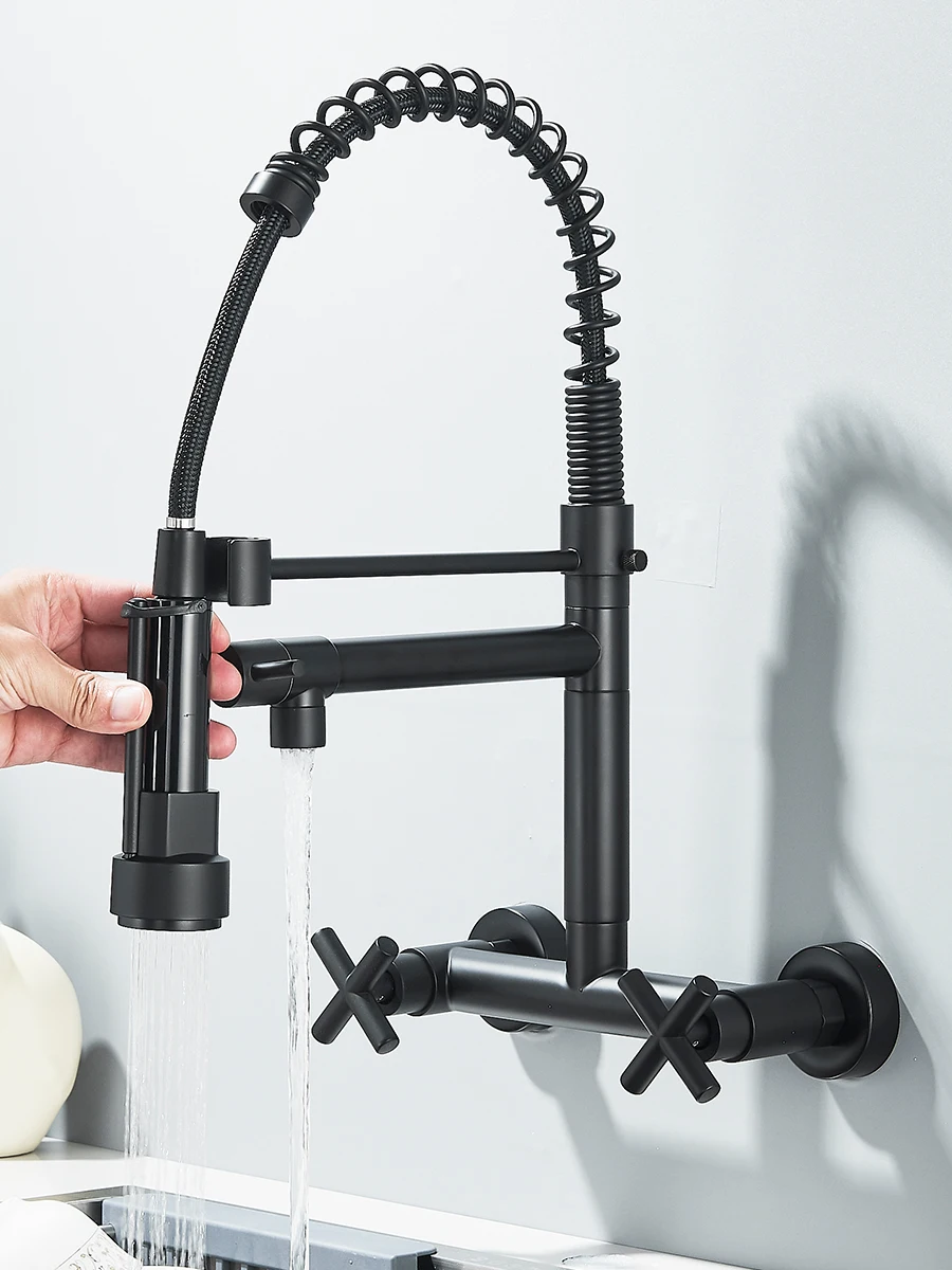 Uittrekbare keukenkraan Wandmontage Lente Warm Koud Water Dubbele uitloop Keukenkraan 20 cm afstand voor twee gaten - afbeelding 2
