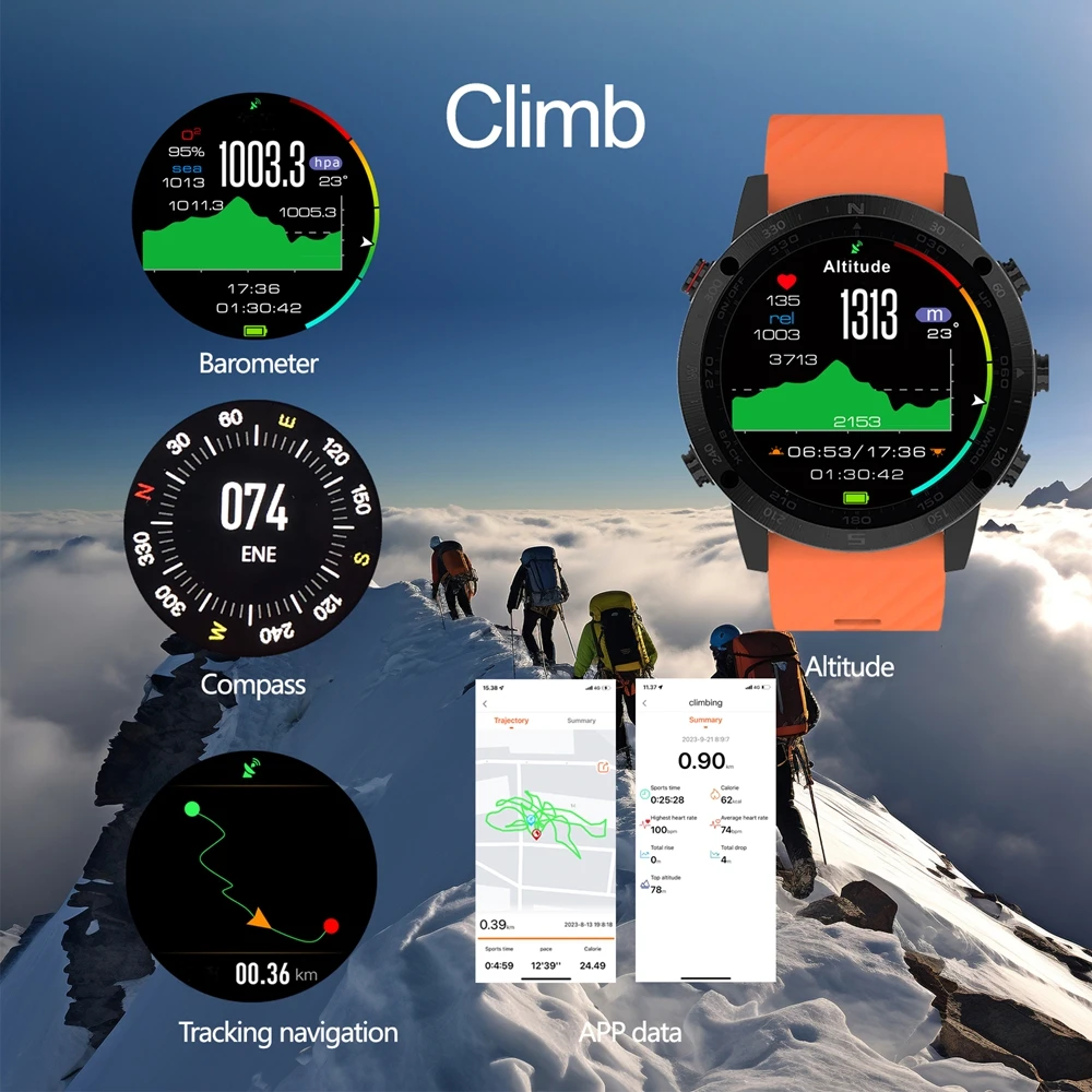 Touch Bluetooth GPS Sport Watches 50M Waterproof Outdoor Swim Climb Running Diving Fishing Heart Rate Compass Tracker Altimeter