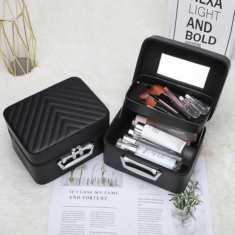 Cosmetic Bag Large-capacity Double-layer with Mirror Senior Cosmetic Organizer Bag Organizer Box Portable Handheld Makeup Box