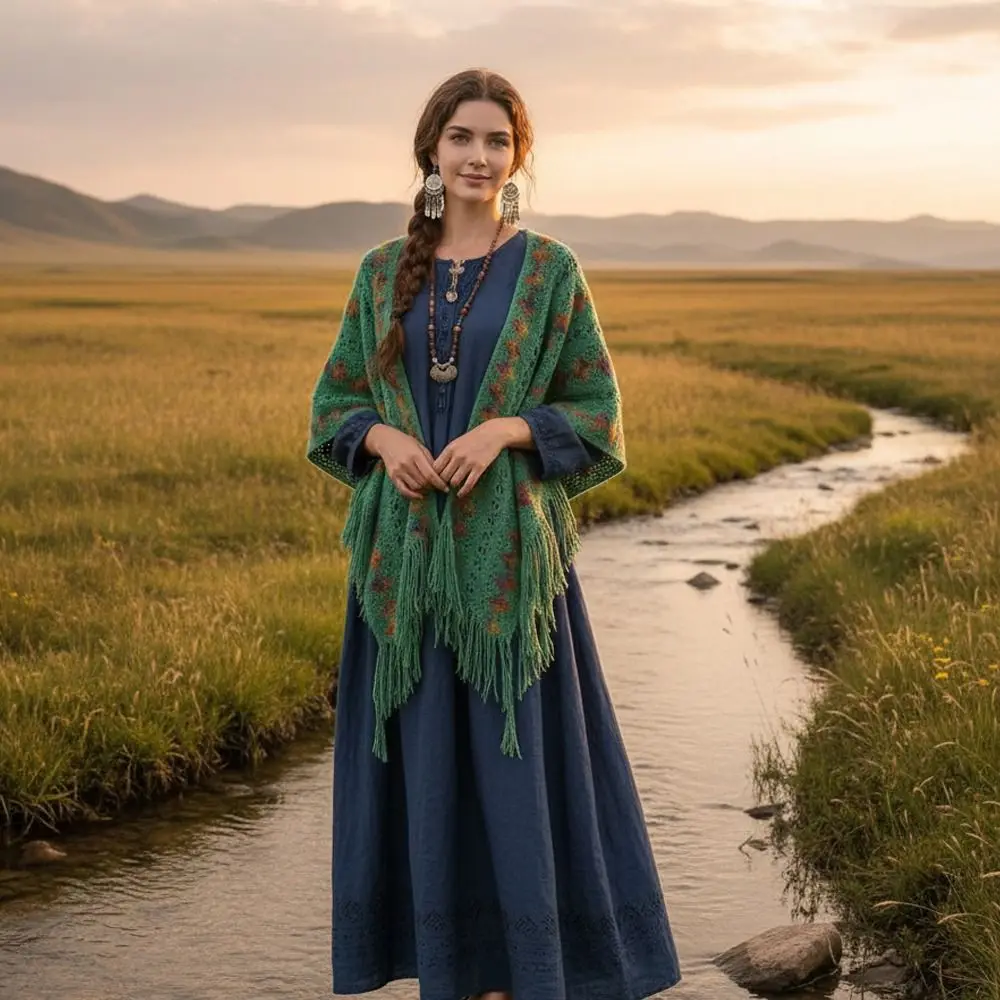 

Модная вязаная шаль в этническом стиле, зимняя теплая элегантная монгольская пончо, вязаная накидка, женская мода