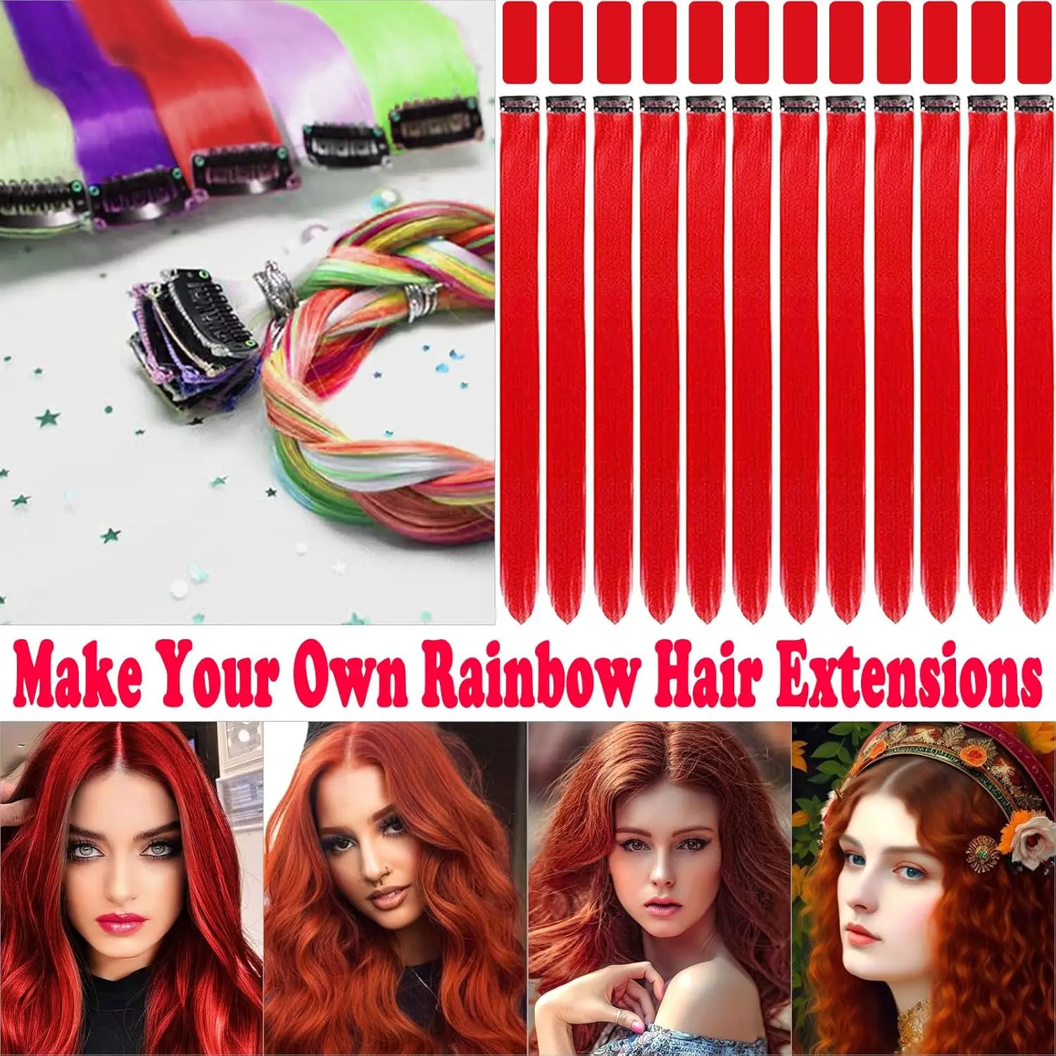 

6/12 PCS Hair Extensions Clip, 22in Colored Hair Extensions Party Highlights Long Straight Synthetic Hairpieces for Girls Cospla