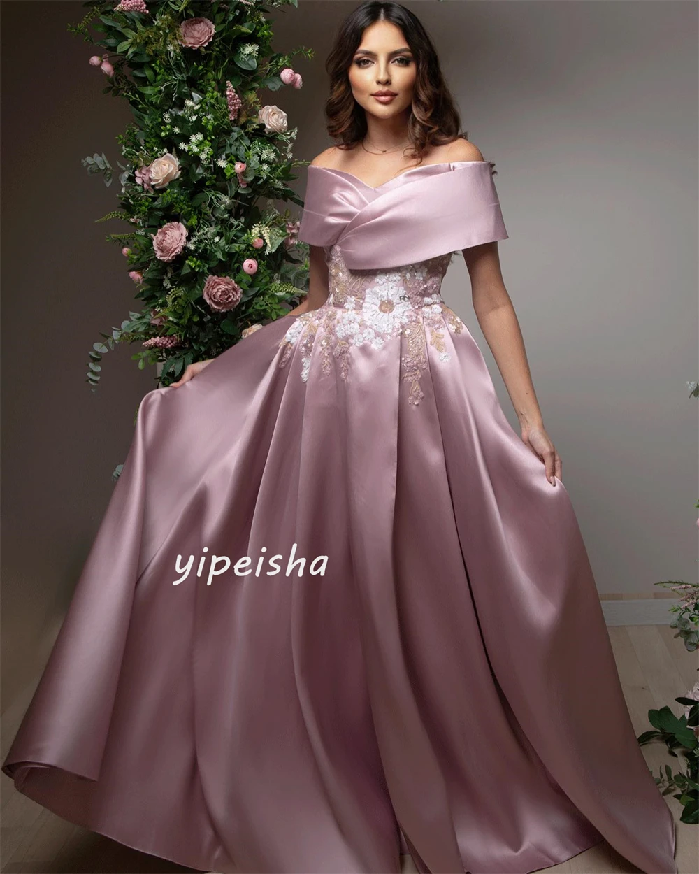 Customized Satin Applique Sequined Draped Evening A-line Off-the-shoulder Bespoke Occasion Gown Long Dresses