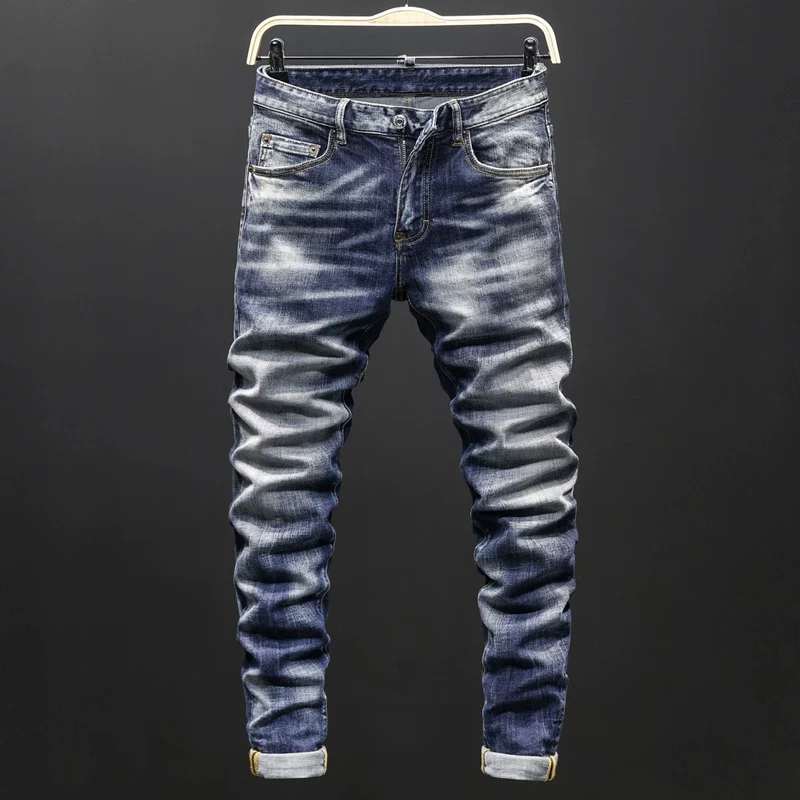 Men Blue Vertical‑Streak Whisker Wash No‑Rip Stretch Skinny Denim Jeans Hip‑Hop Streetwear Denim Jeans hombre