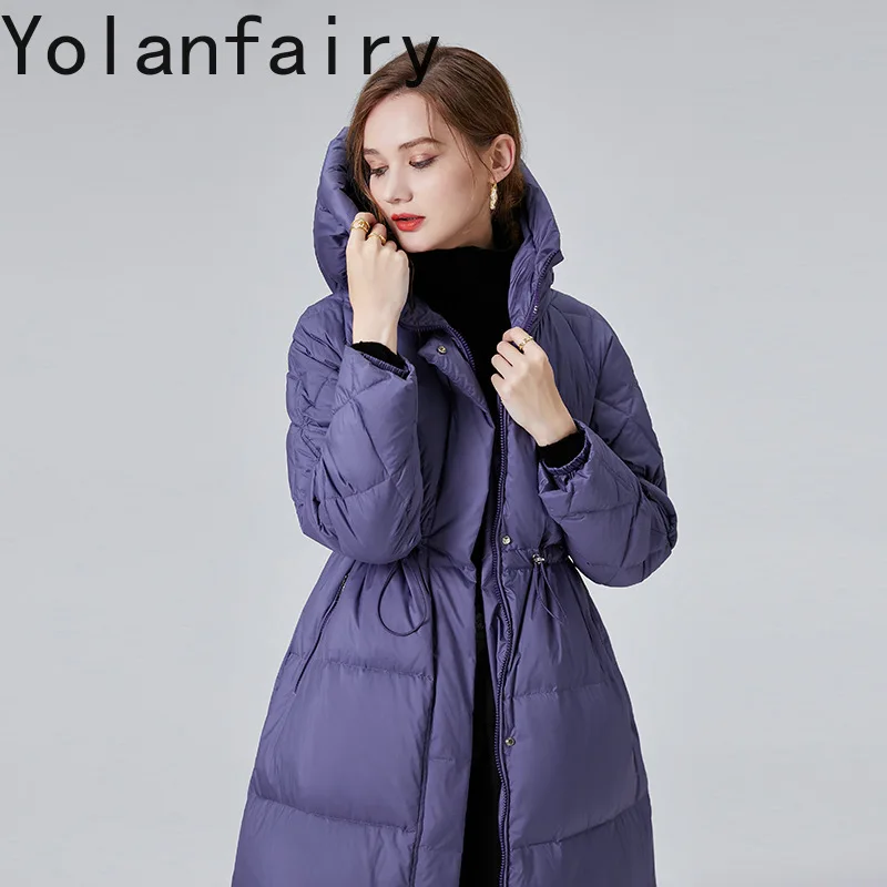 YOLANFAIRY Warm Mid-long Coat for Woman High-end 90% White Duck Down Jacket Women Hooded Waist-cinched Purple Puffer Feminino