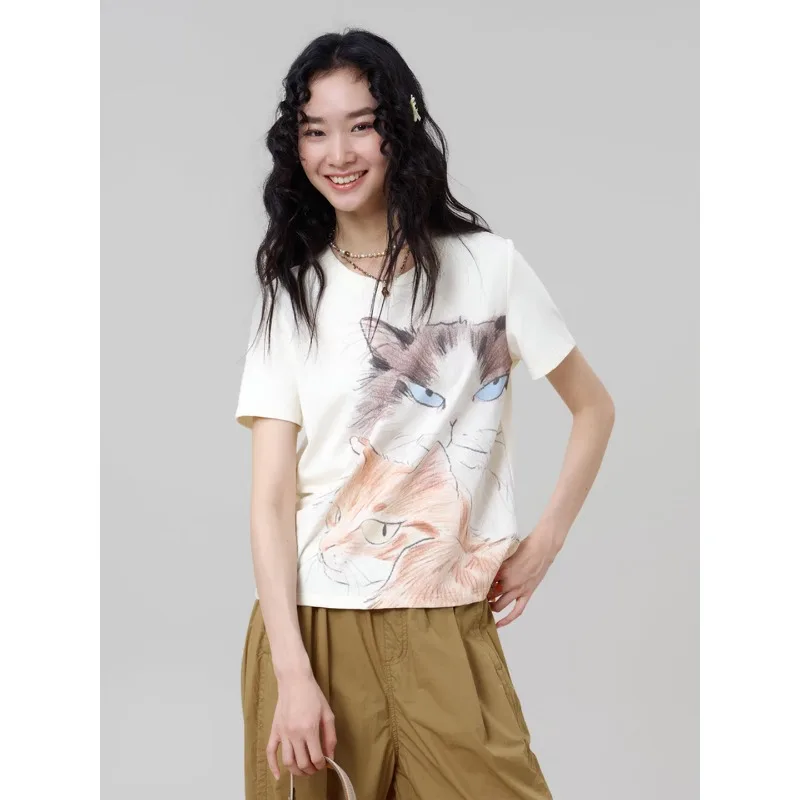

MOVEUP Round Neck Short Sleeved T-Shirt 2026 Summer New Pure Cotton Contrasting Cat Print Office Casual Top For Women 3ELX10526