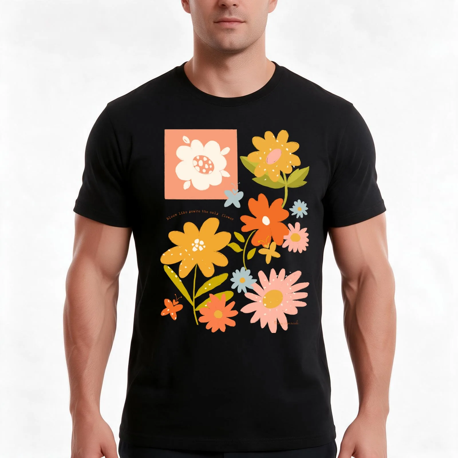 Modern Folk Art Flowers - Yellow, pink, coral, blue - Bloom quote T-Shirt, Summer Casual Cotton Tee, Oversized Streetwear Tops