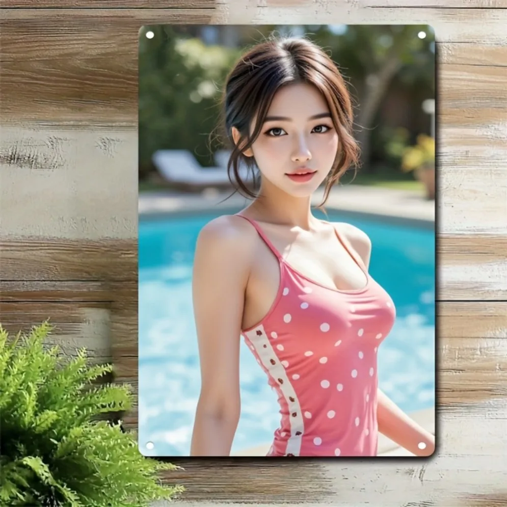 High Definition Metal Sign Vintage Asian Beauty in Pink Polka Dot Swimsuit Tin Sign Wall Art Decor for Home Poolside Bedroom