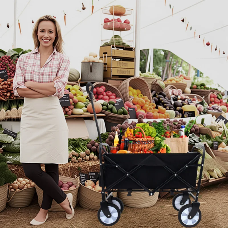 

Collapsible Foldable Wagon Cart With Strapping System Utility Wagon Grocery Cart For Camping Sports Supports 225lbs Black