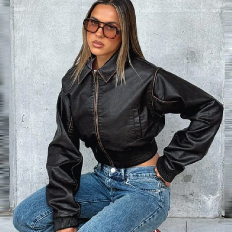 

Vintage Women PU Leather Women Jacket Lapel Long Sleeve Fitted Waist Zipper Coat Short Coat 2025 Autumn Lady Streetwears Outwear