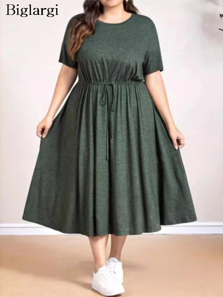 Plus Size Summer Pullover Midi Dress Women Loose Ruffle Pleated Fashion Short Sleeve Ladies Dresses Casual A-Line Woman Dress