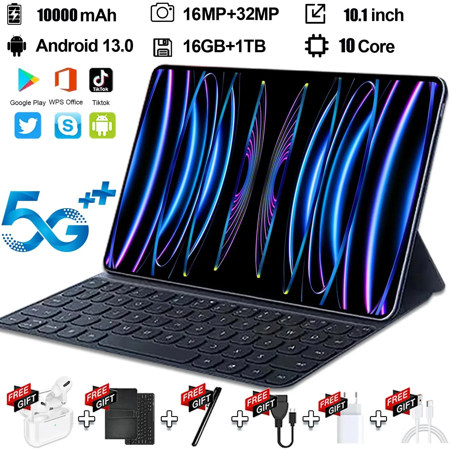 2024 5G New Android 13.0 Global Version 5K HD 10.1 Inch Tablet Android 16GB RAM 1TB ROM 10000mAh Network Bluetooth WIFI Tablets