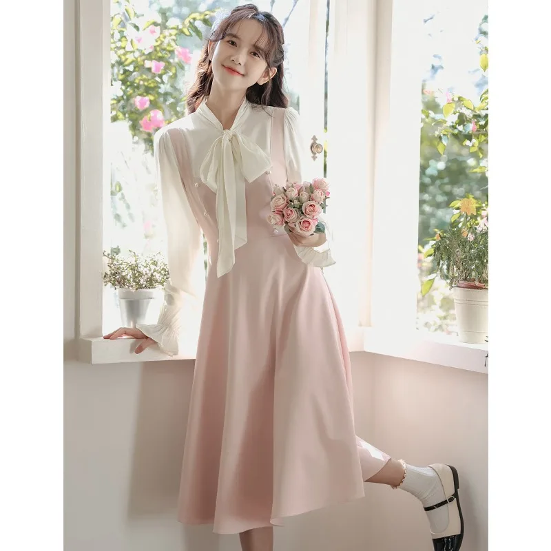 2024 Spring New Women Dress Bow Sweet Long-sleeved Patchwork Thin Dress Niche Elegant Mid-length Dress Female