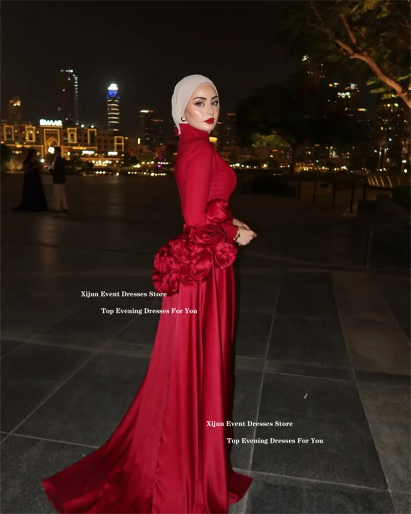 Xijun Modest Red Long Evening Dresses 3D Flowers Cape Saudi Arabric Prom Dresses Formal Occasion Prom Gowns 2025 Women Customize