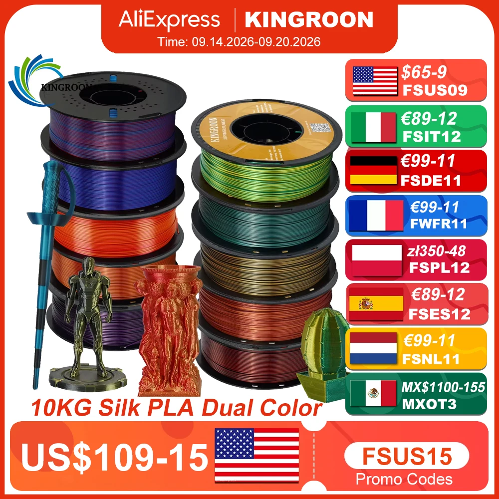 KINGROON Silk Dual-color PLA Filament 3D Printer 1.75mm 11/22 lbs Silk PLA Filament Plastic Materials 3D Printing Special Color