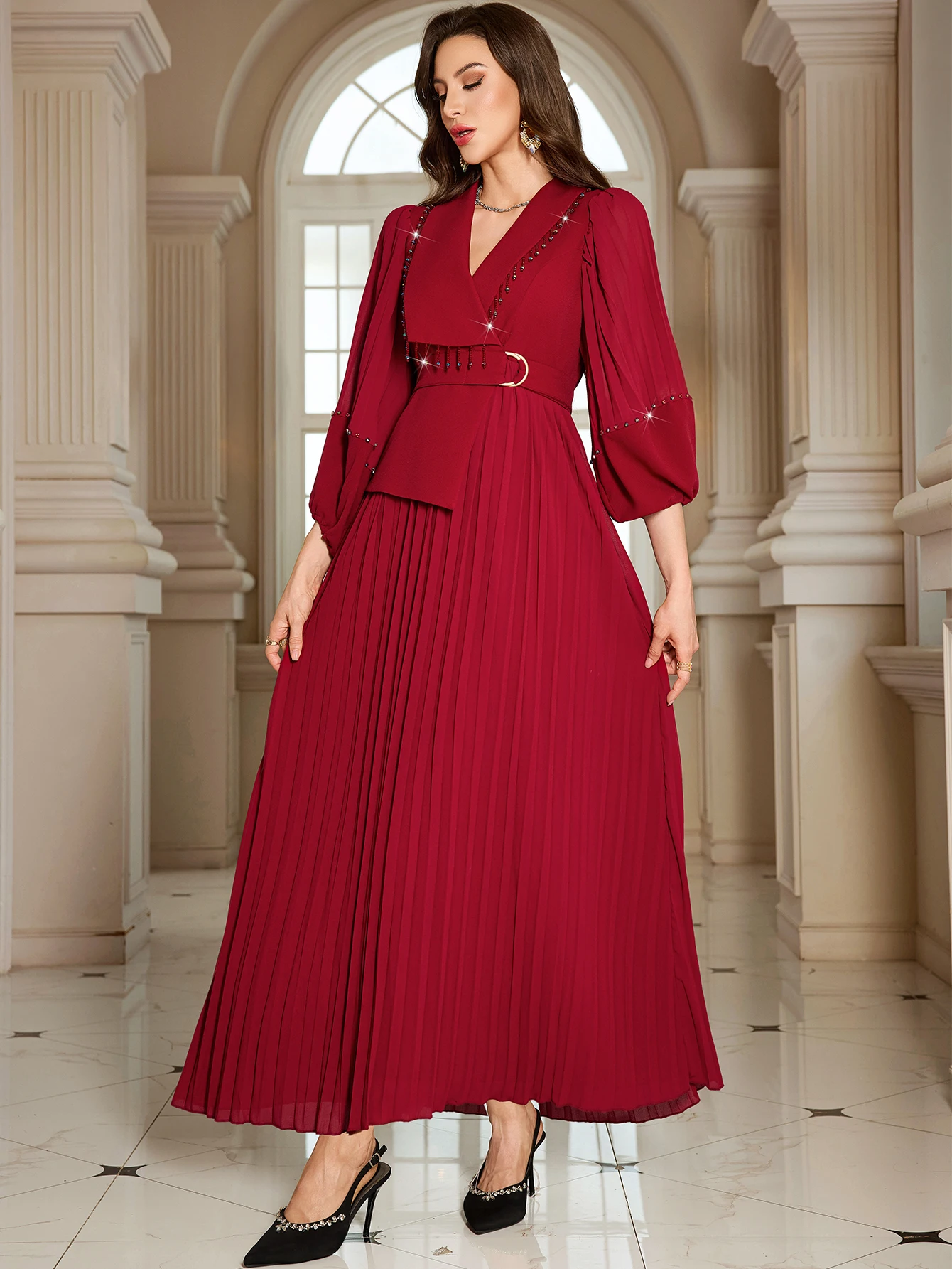 

New V-Neck Pleated Beaded Elegant Long Dresses Woman Muslim Evening Dress Dubai Abayas Caftan Robe Islam Jalabiya Kebaya Kaftan