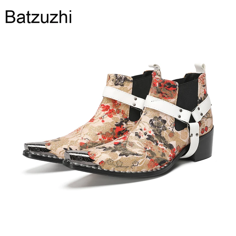 

Batzuzhi 6.5cm High Heels Men's Shoes Pointed Iron Toe Leather Ankle Boots Man Slip on Motorcycle Ankle Boots Man, Big Sizes 46