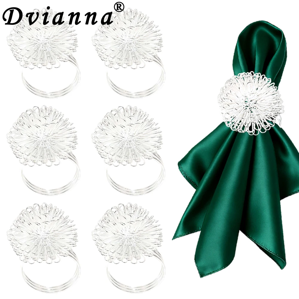Dvianna 6Pcs Firework Flower Napkin Rings Silver Metal Napkin Holders Wedding Banquet Table Decorations