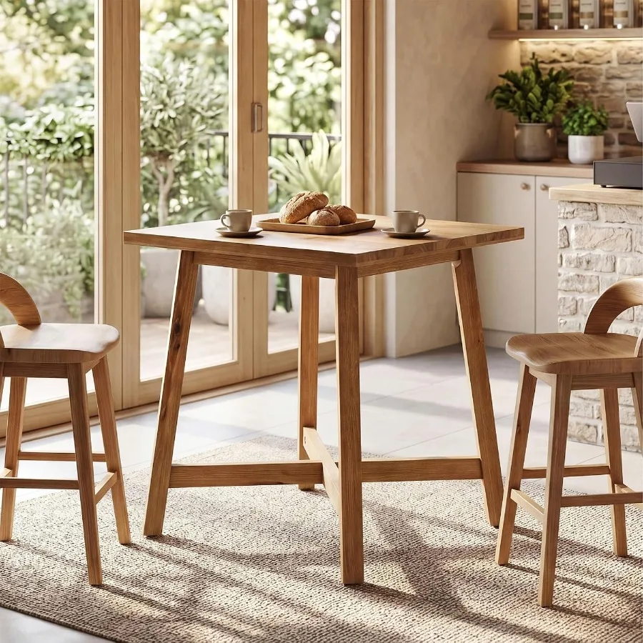 Solid Wood Bar Table, Farmhouse 31.5 Inch Square Counter Height Bistro Table with Footrest, Commercial Pub High Top Cocktail Fu