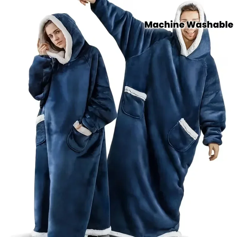 Winter Fleece Hooded Sweatshirt Blanket Oversized Pullover Design With Sleeves Cozy TV Lounge Wrap