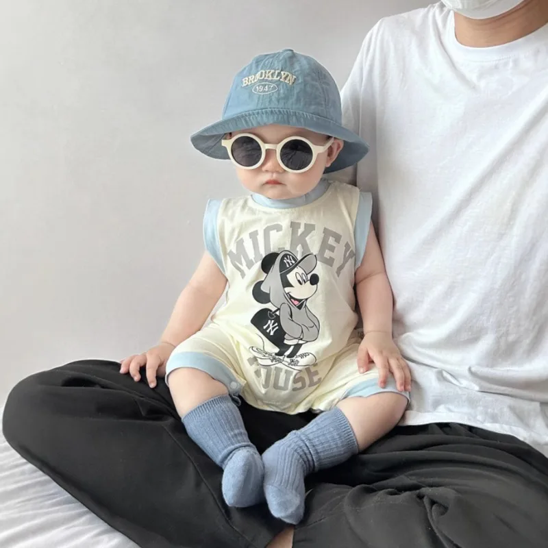 

Новый летний комбинезон без рукавов для маленьких девочек и мальчиков с мультяшным принтом мыши для новорожденных, 1 шт., комбинезон для младенцев, повседневная одежда, носки A6523