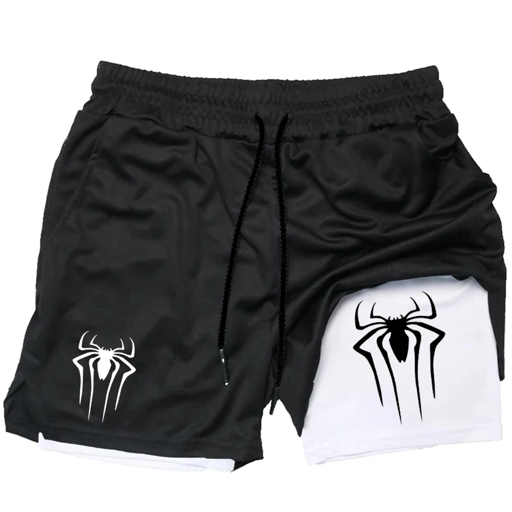 Y2K Performance Shorts Men Spider Printed GYM Casual Sports Compression Shorts Workout Running Mesh 2 In 1 Sport Short Pants