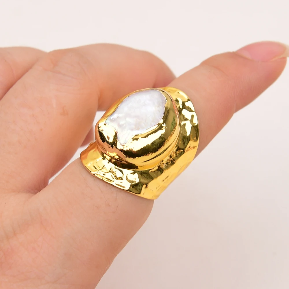 G-G Natural Cultured White Keshi Pearl Gold Plated Finger Ring Adjustable Rings For Women Jewelry Lady Simple Ring Gifts