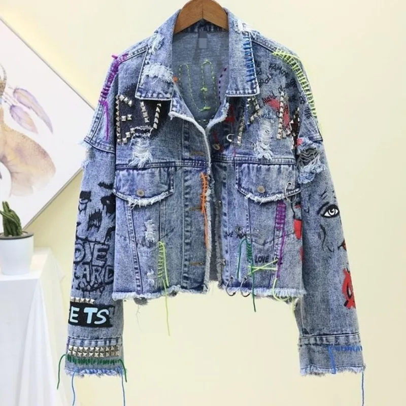 

Trendy Graffiti Casual Denim Short Jacket Women's Personalized Coats Rivet Comfortable Tops Colored Fringed High Street Fashion