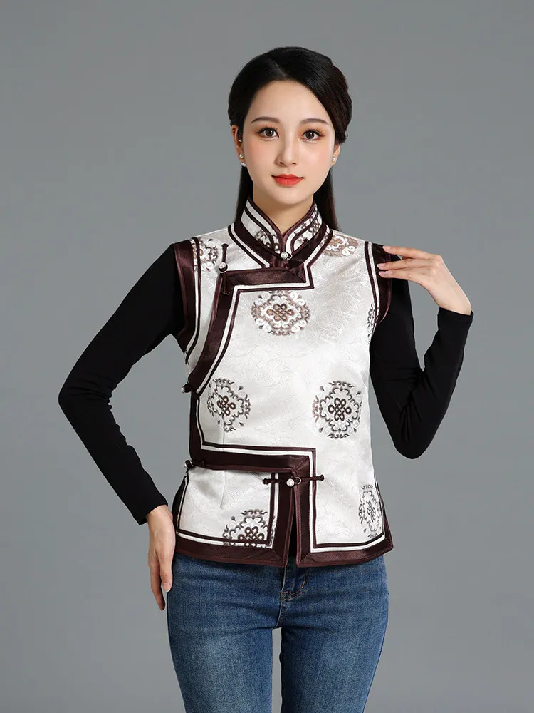 

Mongolian Vest Women's Stand Collar Spring New Mongolian Clothing Brocade Short Vest Minority Waistcoat