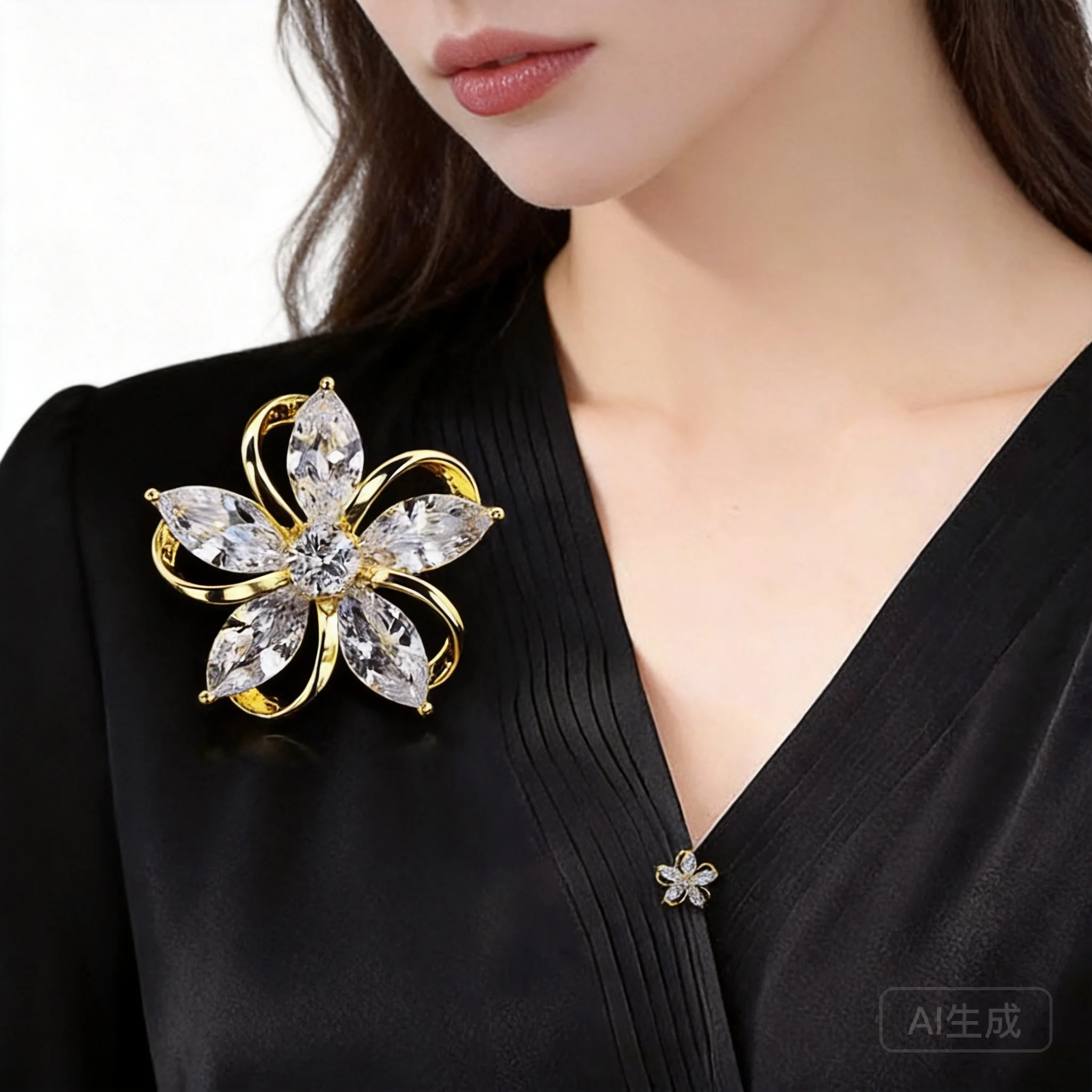 Chinese Style Lucky Blooming Flower Brooch Gold Silver Rhinestone Anti Exposure V Neck Fixing Buckle Elegant Women Clothing Pin