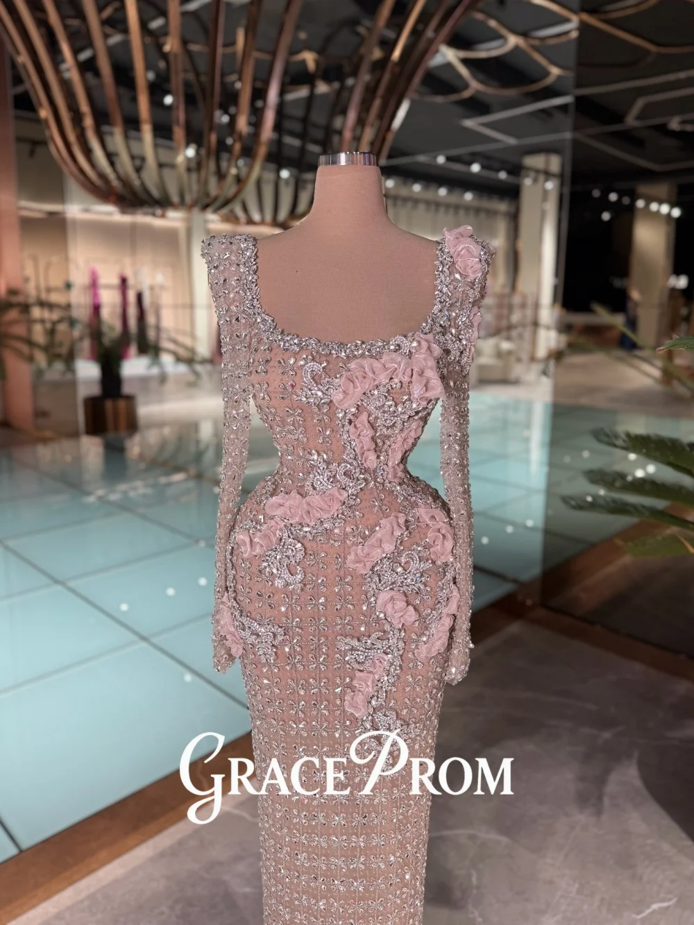 

GraceProm Square Neck Evening Dress 2026 Glittering 3D Flower Carpet Gown Stunning A-Line Floor-Length Party Gown فساتين