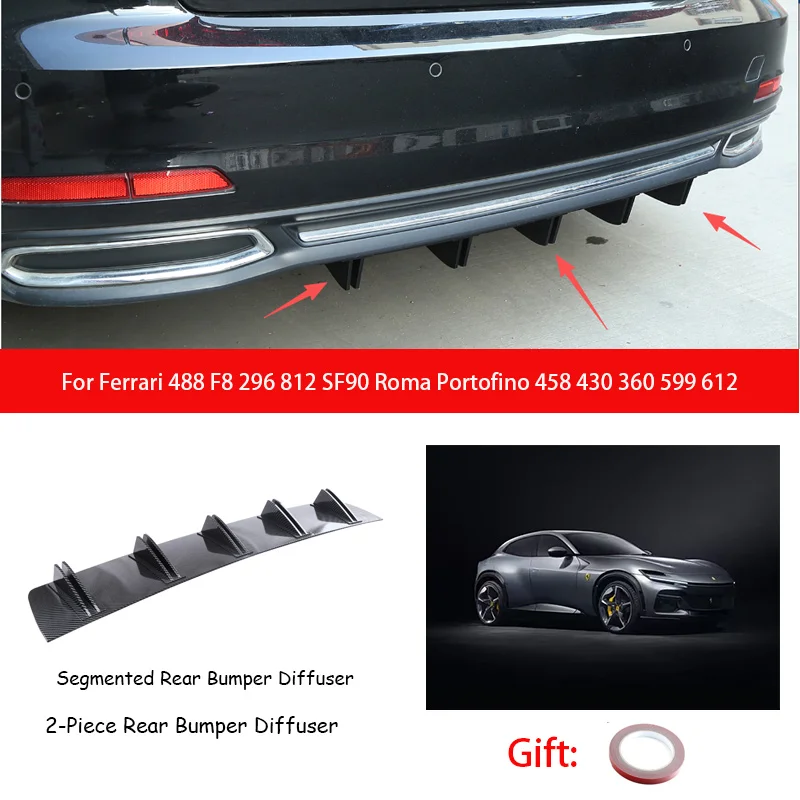 For Ferrari 488 F8 296 812 SF90 Roma Portofino 458 430 360 599 612 ABS Rear Bumper Lip Diffuser Shark Fin Anti-collision