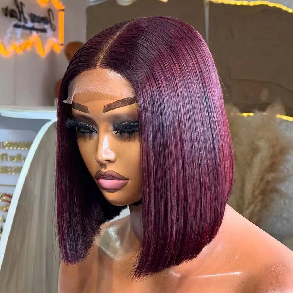 Perruque Bob Droite Cheveux Humains Perruque frontale en dentelle 13x4 HD 99J Perruque de cheveux humains de couleur Bourgogne 7x5 Perruques sans colle pour les femmes 250 Densité