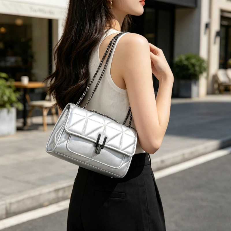 

Minimalist Quilted Chain Versatile Crossbody Bag, Mini Flap Purse with Lock Closure for Evening, Casual Date Wear Shoulder Purse