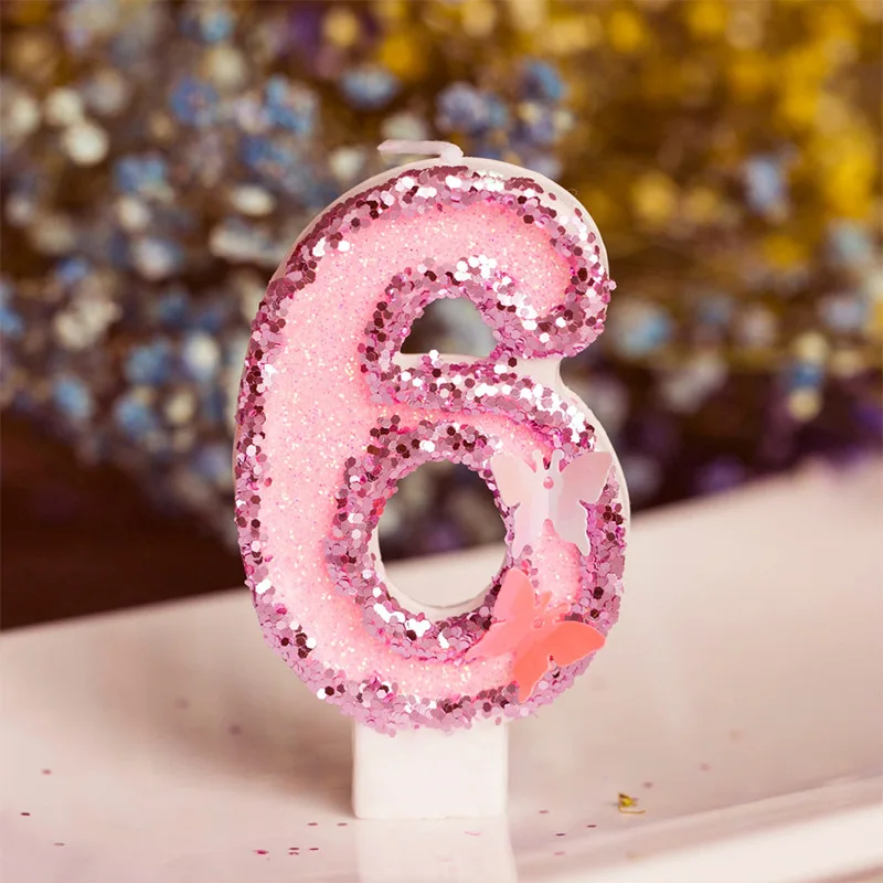 Pink butterfly glitter birthday digital candle romantic creative first year valentine ns cake decoration