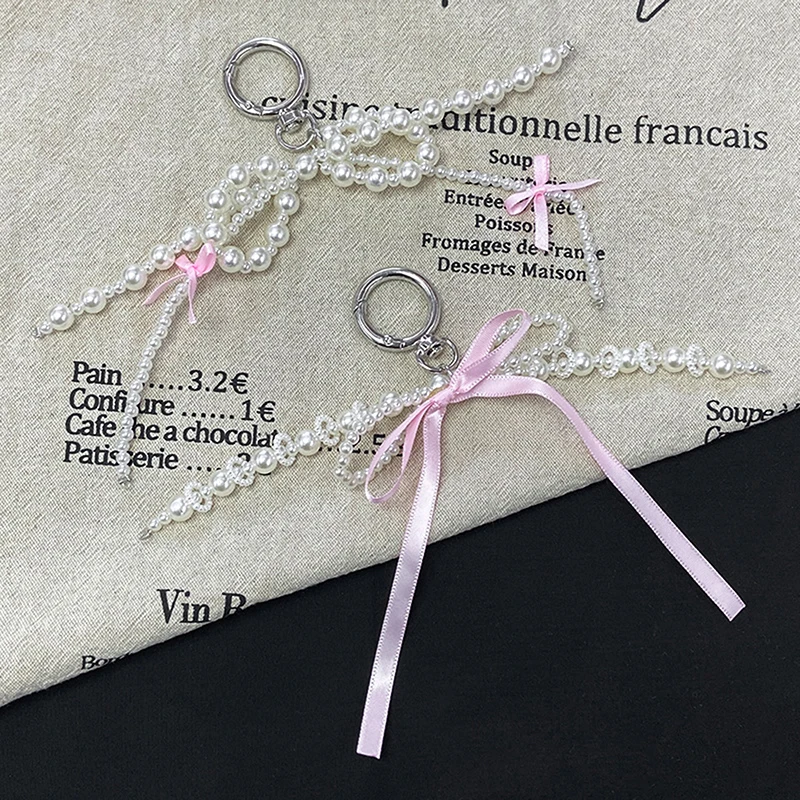 New 1PC Korean Cute Bow Pearl Mobile Phone Pendant Chain Y2K Bag Pendant With Mobile Phone Accessories Camera Bag Keychain