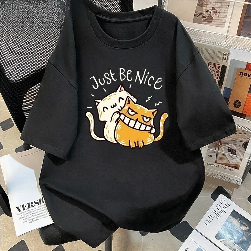 

Футболка с короткими рукавами и принтом кота в гонконгском стиле, мужская и женская летняя повседневная универсальная популярная футболка с половиной рукавов