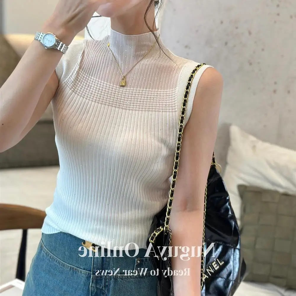 Ice Silk New Halter T-shirt Women Lace Vest Summer Sleeveless Bottom Shirt Half Turtleneck Top Hollow Knit Tank Top