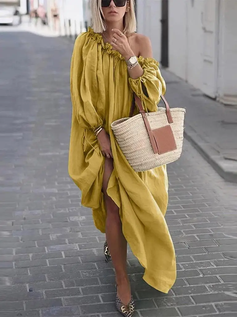 Vestido Rojo de Un Solo Hombro, Hoado, Ajustado, Cintura Alta, Dobladillo Irregular, Estilo Urbano, Manga Larga, Largo C...