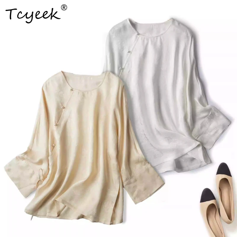 

Tcyeek 100% Mulberry Silk Spring Summer Chinese Round Neck Solid Color Loose Long Sleeved Women's Shirts Женская Одежда 여름옷