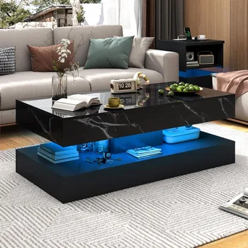 Image 47inch Large High-Glossy LED Coffee Table with 2 Sliding Drawers, Living Room Storage Tables with Marbling Print,w/LED Lights