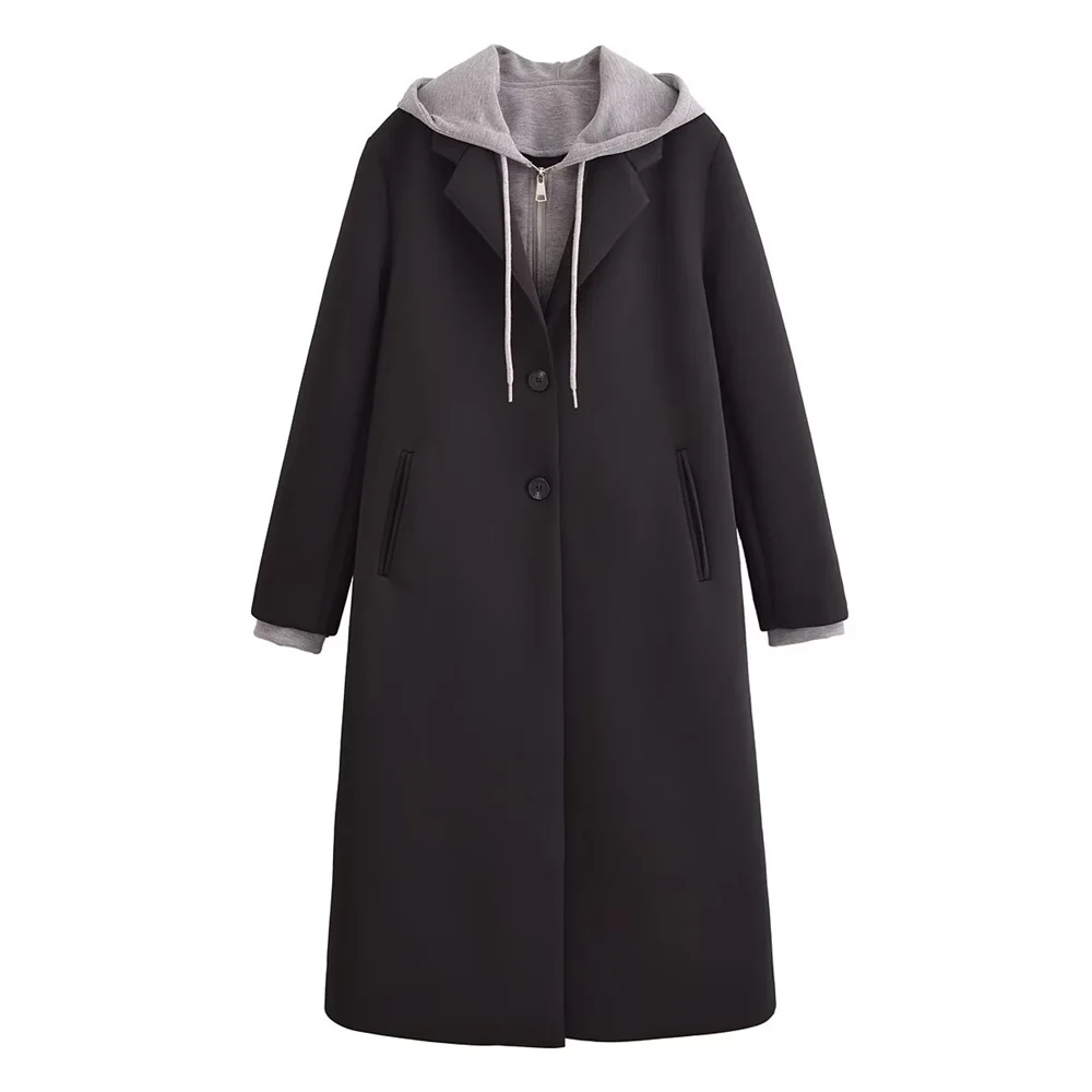 2024 RARF Autumn New Women\'s Commuting and Leisure Versatile Black Detachable Hooded Splicing Long Sleeve Coat