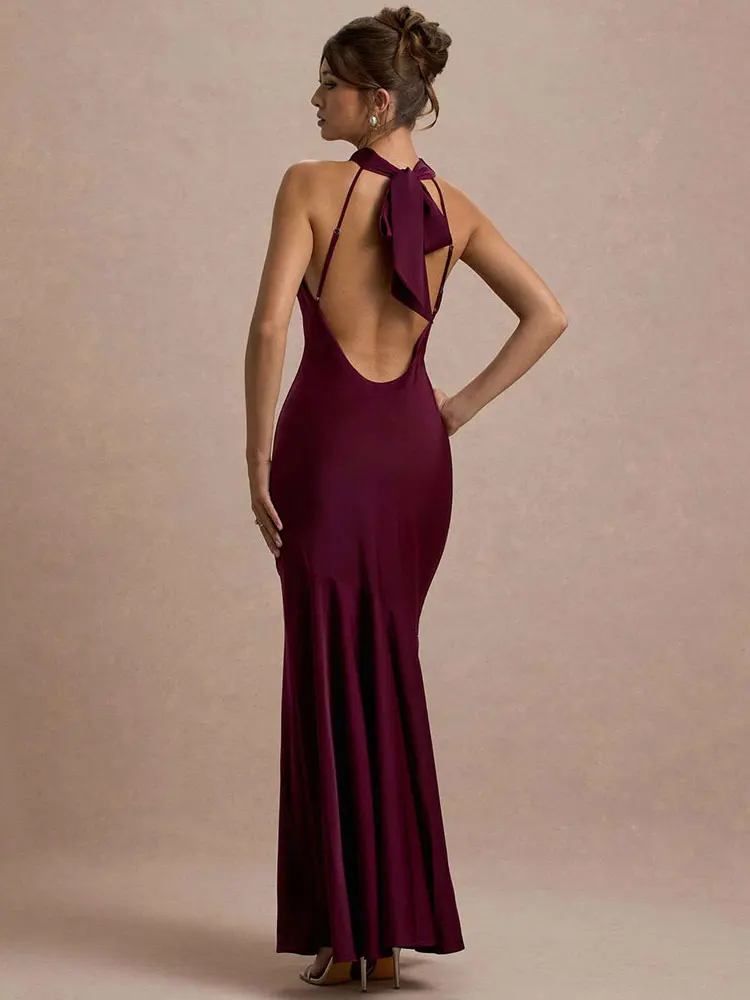 GACVGA エレガントなホルターマキシドレス女性のための 2025 夏スイング襟背中の開いたセクシーなボディコンクラブパーティーロングフィッシュテールドレス