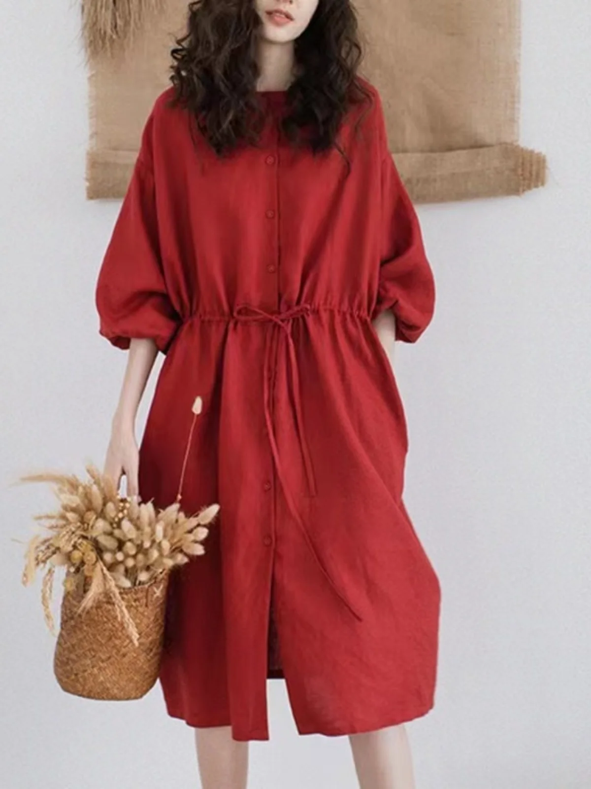 Retro Rosso Sette Quarti Sve Dr Estate da Donna Versatile Vita Allentata Cinching Dimagrante Apertura Completa irt Dr