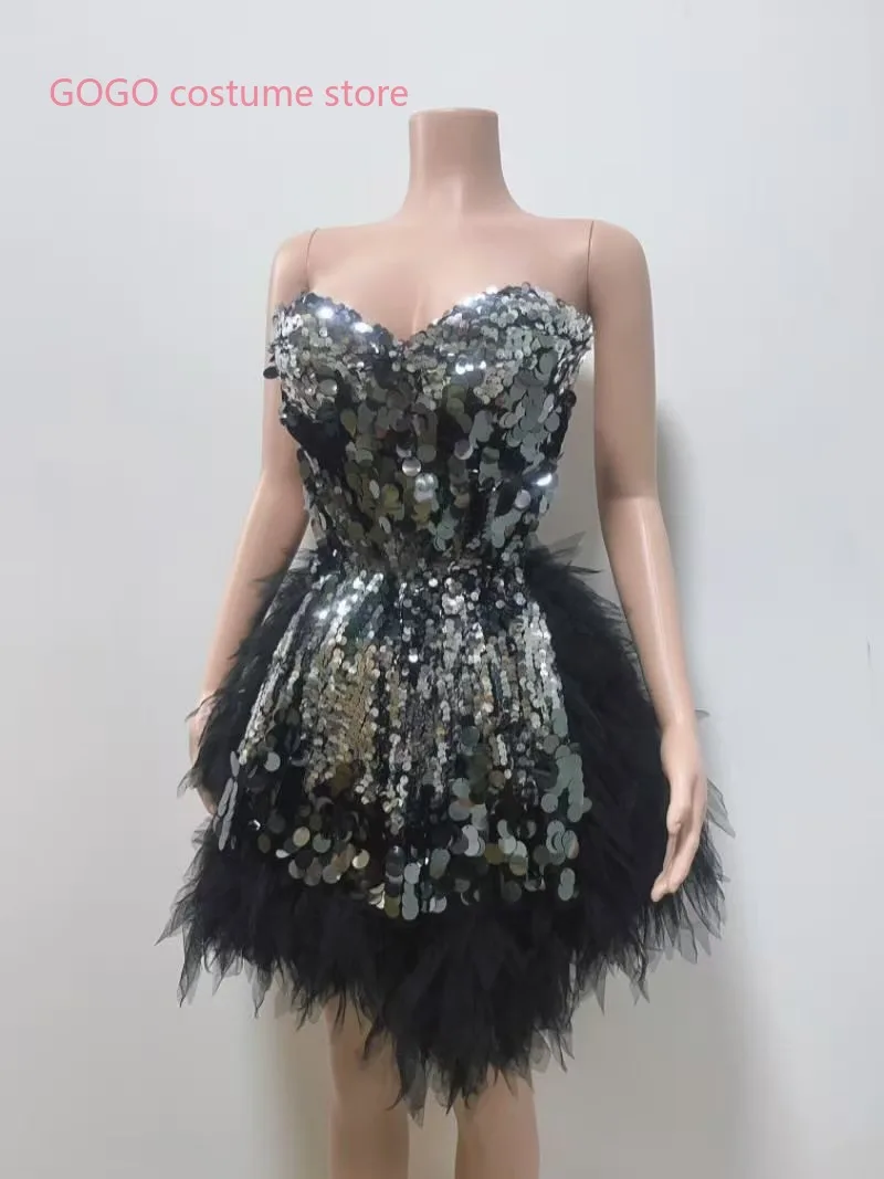 Vestido negro Sexy con purpurina, lentejuelas, espalda descubierta, diamantes de imitación, fiesta de cumpleaños, club nocturno, DJ DS, baile en barra, puesta en escena, traje de festival