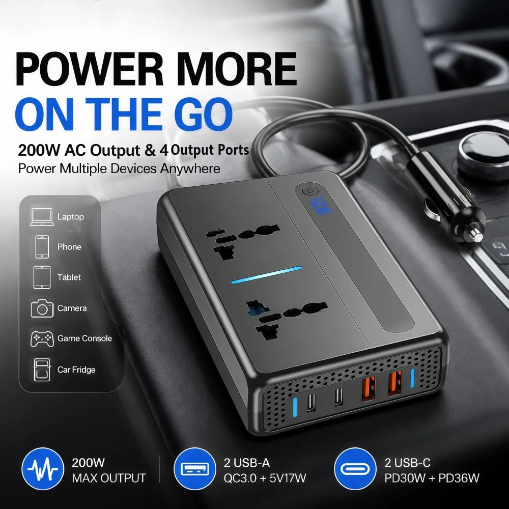Vyvylabs 200W Car Power Inverter 12V DC to 220V AC Converter Auto Power Adapter Type C USB Fast Charging Station Car Accessory
