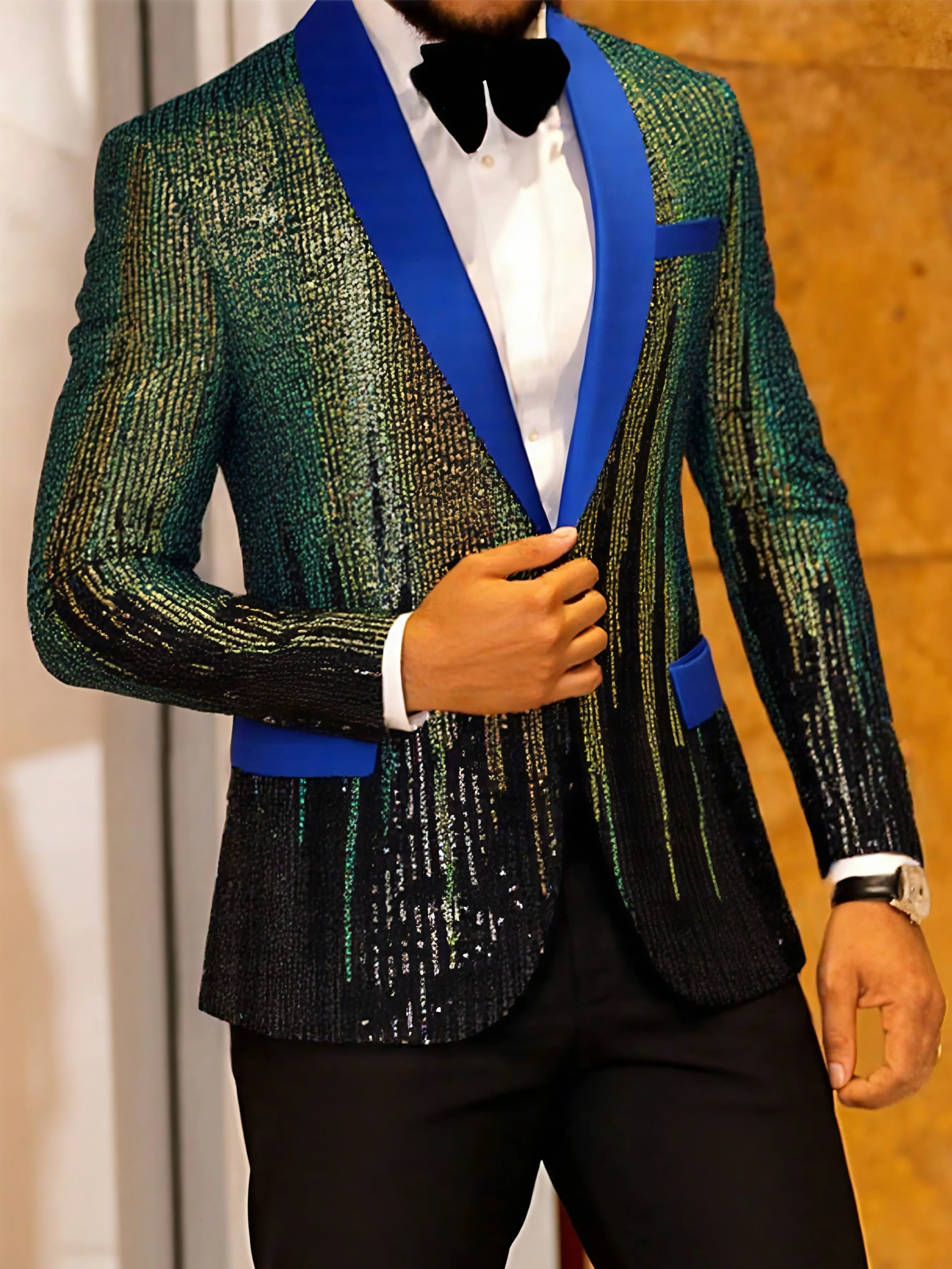 

Shiny Sequins One Button Blue Lapel Suit Jacket Blazer for Dinner Prom Party Wedding