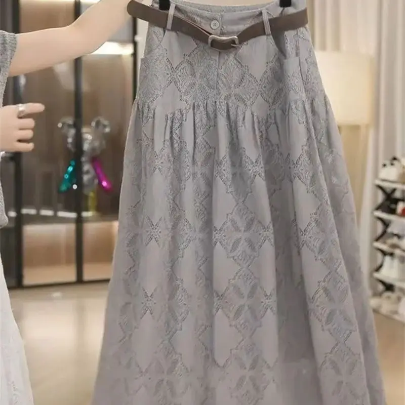

Новая элегантная ажурная кружевная юбка с вышивкой, женская плиссированная юбка трапециевидной формы с высокой талией, вечерние юбки-миди, однотонная повседневная юбка Jupe