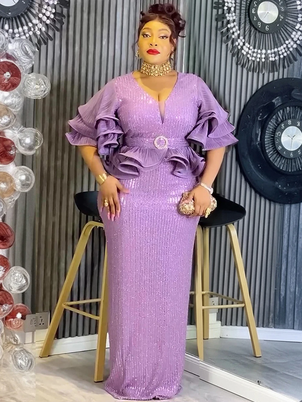 

Party Long Dresses For Women Elegant Luxury Sequin Dress Ruffle Sleeve Slit Robes Birthday Prom Evening Gowns African Clothing