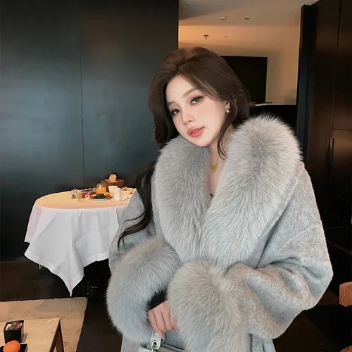 여성용 자른 자켓 2023 가을/겨울 양고기 옷깃 빈티지 홍콩 풍미 가죽 오토바이 두꺼운 자켓  Best5